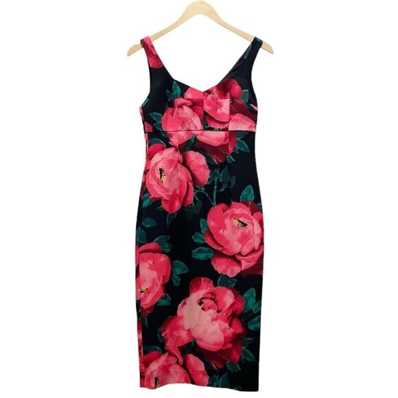 NWT Trina Turk Sleeveless Floral Midi Dress Pink Red Black Size 0 Wedding Guest - Picture 2 of 15